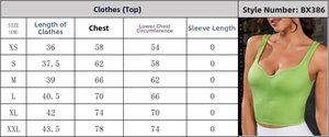Detailed size chart for yoga sports tank top including length and chest measurements