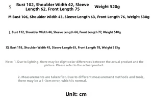 Size chart detail for irregular patchwork blazer showing measurements and weight in CM