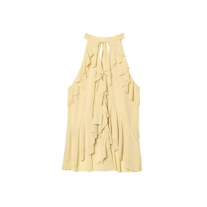 Pale yellow sleeveless halter top with layered ruffles and light chiffon texture for women