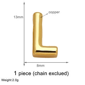Macro view of gold letter L pendant showing 13mm height and 8mm width dimensions