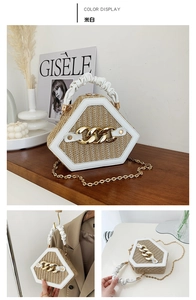 Macro detail of off-white woven hexagon shell bag with gold chain and wooden decor