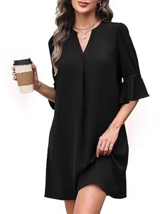 Elegant women's black V-neck dress with ruffle sleeves and stylish waist belt