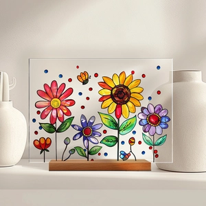 Detailed view of floral acrylic desk ornament with sunflower design and wooden base