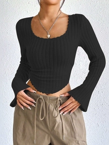 Elegant black square neck ribbed knit top with long flared sleeves and cropped hemline