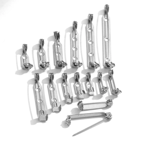Polished stainless steel safety pin brooch bases with secure locking mechanisms