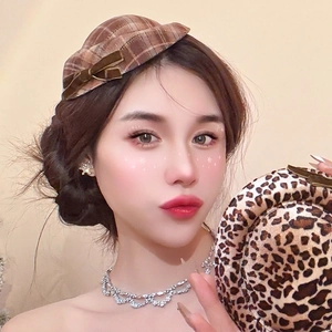 Vintage Mini Beret Hat Hair Clips Leopard Plaid Pattern Fabric Velvet Bow Elegant Duckbill Barrettes For Women