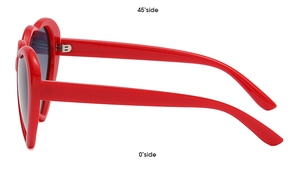 Side view detail showing the 45-degree temple structure of red heart-shaped sunglasses