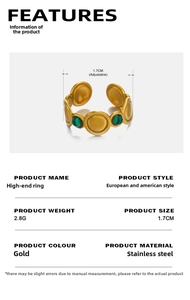 Detailed view of adjustable gold stainless steel ring with green malachite stones
