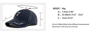Sizing chart showing 55-60cm head circumference for the distressed vintage baseball cap