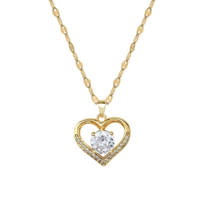 Elegant gold heart pendant necklace with a large round cubic zirconia and pavé border