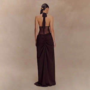 Deep brown halter neck maxi dress with sheer mesh back and pleated detailing for women