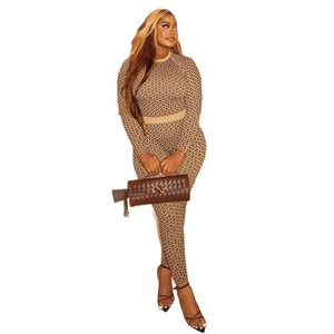 Women's brown and beige geometric print slim fit long sleeve top and legging set