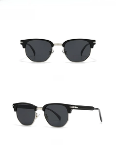Front and 45-degree side view of classic black browline sunglasses with silver metal rim
