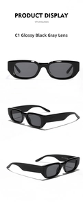 Multiple views of vintage rectangular sunglasses with glossy black frames and gray lenses