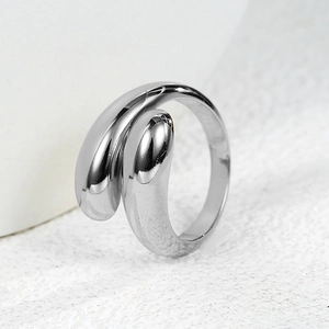 Minimalist silver adjustable bypass ring with sleek double water drop design