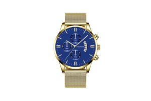 Detail of blue sunray dial with three sub-dials and gold mesh strap on quartz watch