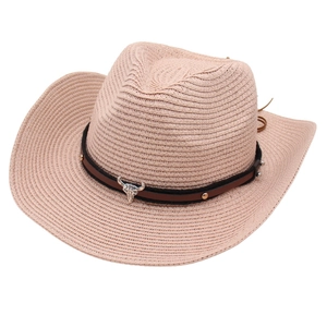 Western Cowboy Straw Hat Woven Wide Brim Sun Protection Retro Style With Bull Head Metal Decor And Leather Band