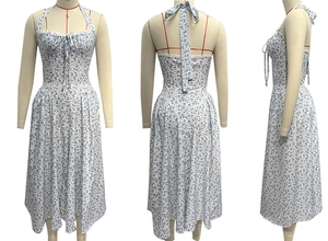 Detailed views of blue floral halter maxi dress showing front, side, and back on a mannequin
