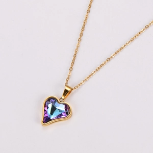 Fashion heart shaped necklace with purple gradient crystal and gold tone finish