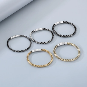 Minimalist stainless steel wheat chain bracelets in gold and black with magnetic clasps