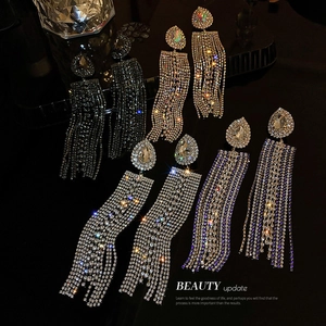 Sparkling waterdrop rhinestone tassel earrings in silver, gold, black and blue colors