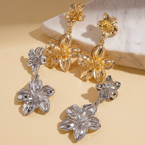 Minimalist double layer floral metal drop earrings in gold and silver finish