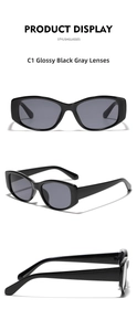 Detail view of stylish black square sunglasses with grey lenses from multiple angles
