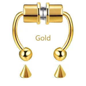 Magnetic gold stainless steel horseshoe nose ring with interchangeable ball and cone studs