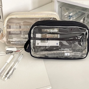 Transparent mesh pencil case with large capacity layers in black and beige finishes