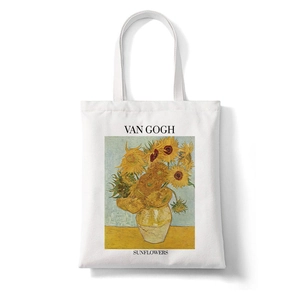 White Van Gogh Sunflowers art print canvas tote bag with sturdy double handles