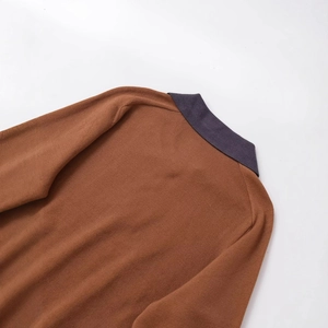 Caramel brown diamond knit polo shirt with charcoal grey contrast collar detail