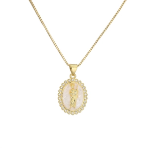 Gold plated priest oval pendant necklace with white shell inlay and sparkling crystals