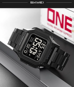 Detail of black digital sports watch showing waterproof 50M feature and countdown display