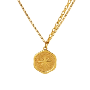 Asymmetrische Goldhalskette mit Oktagramm Kompassstern Anhänger und Gliederkette