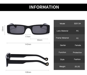 Detailed size chart of rectangular street fashion sunglasses with PC frame and lens