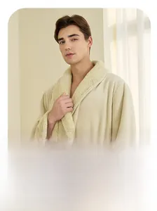 Detail of soft shawl collar on men's thick winter robe with fleece lining for warmth