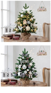 Close-up of mini Christmas trees in gold and silver themes with rustic burlap bases