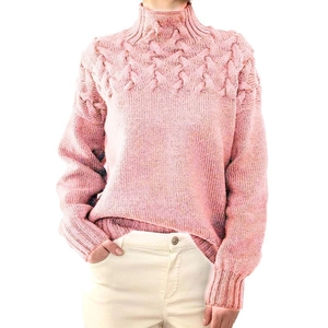 Rosa Rollkragen-Zopfstrickpullover für Damen mit Langarm und elegantem Strickmuster