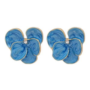 Elegant blue floral stud earrings with gold plating and central crystal accents