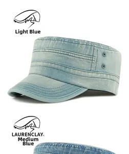 Detail of vintage washed denim cadet hats in light and medium blue showing fabric texture