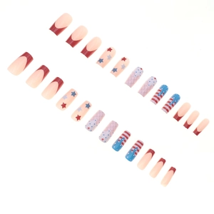 Press-on nails set with red French tips and US flag stars and stripes patterns