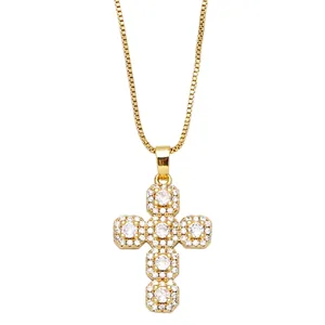 Hip hop 18K gold plated cross pendant necklace with sparkling white cubic zirconia stones