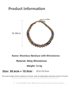Tabella delle taglie dettagliata per collana geometrica con strass colorati e lega