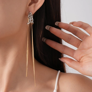 Detailed view of long metallic tassel earrings with gold and silver chain texture on model