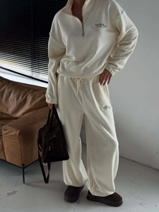 Women's Fleece Two Piece Set Casual Half Zip Embroidery Sweatshirt And High Waist Straight Sporty Pants Top And Bottom