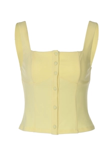 Slim fit light yellow tank top with square neck and button-down front detailing