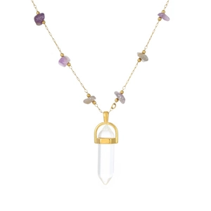 Detail of gold chain necklace with purple gravel stones and hexagonal crystal pendant