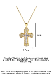 Detail of cross pendant with micro-paved zircons and gold-plated titanium steel chain