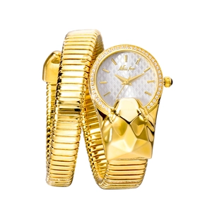 Detail of gold snake-shaped wrap watch with white quilted dial and diamond-set bezel