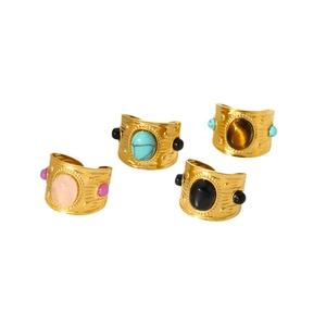 French vintage 18k gold plated stainless steel adjustable rings with natural gemstones